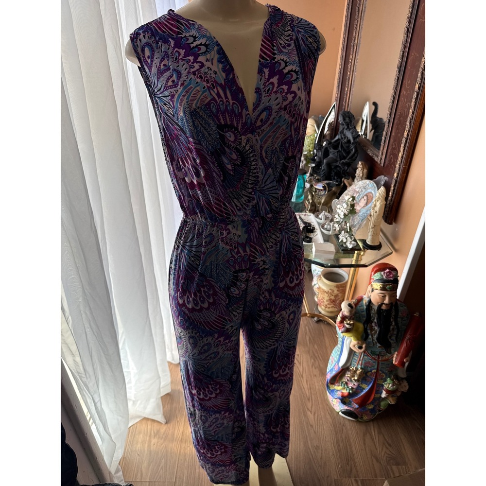 Boho Paisley Peacock Print V-Neck Sleeveless Jumpsuit Purple Blue XL